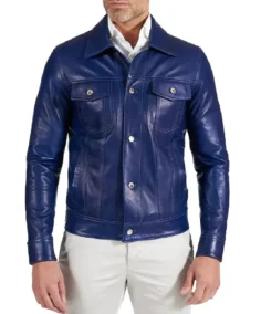 Men Shirt Style Blue Real Lambskin Leather Jacket
