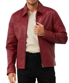 Men's Red Shirt Collar Leather Biker Jacket