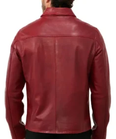 Men's Red Shirt Collar Leather Biker Jacket Back