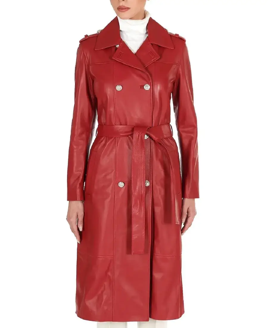 Shop-The-Women-Double-Breasted-Red-Long-Leather-Coat.webp Women Double Breasted Red Long Leather Coat - Image 1