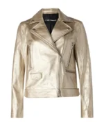 Women Lapel Light Gold Leather Biker Jacket - Image 2