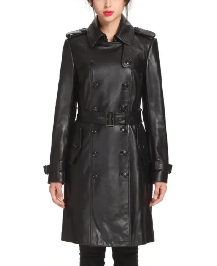 Women's New York Double Breasted Lambskin Leather Coat | Trendy