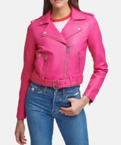 Women Asymmetrical Hot Pink Leather Biker Jacket