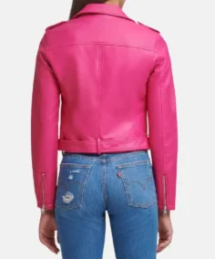 Women Asymmetrical Hot Pink Leather Biker Jacket Back