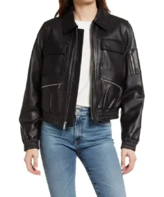 Women Black Leather Bomber Jacket