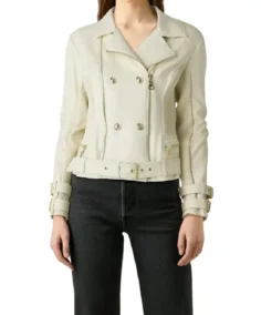 Women Double Breasted Dove White Leather Biker Jacket
