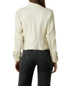 Women Double Breasted Dove White Leather Biker Jacket Back