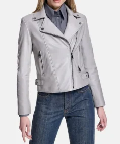 Women Grey Leather Biker Jacket