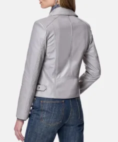 Women Grey Leather Biker Jacket Back