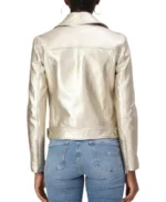 Women Lapel Light Gold Leather Biker Jacket - Image 3