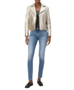 Women Lapel Light Gold Leather Biker Jacket - Image 4