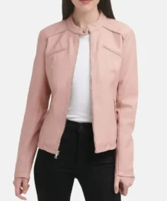 Women Light Pink Cafe Racer Leather Jacket