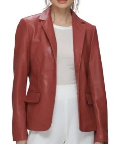 Women Modern Notch Lapel Red Leather Blazer