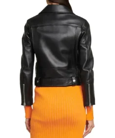 Women Slim Fit Belted Black Motorcycle Jacket Back