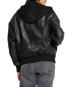Women's Black Hooded Leather Bomber Jacket Back