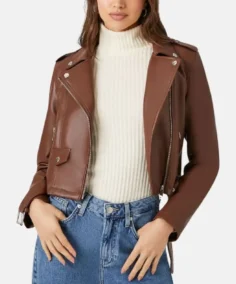 Women’s Brown Cropped Motorcycle Leather Jacket