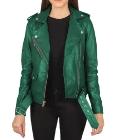 Women's Emerald Green Leather Biker Jacket