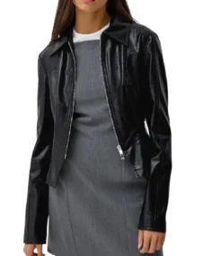 Womens Shirt Collar Black Leather Jacket