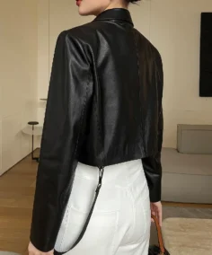 Women's Slim Fit Cropped Black Sheepskin Leather Jacket Back