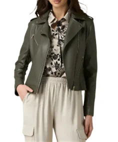 Anna Army Green Leather Biker Jacket