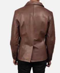 Men Solid Brown Leather Peacoat