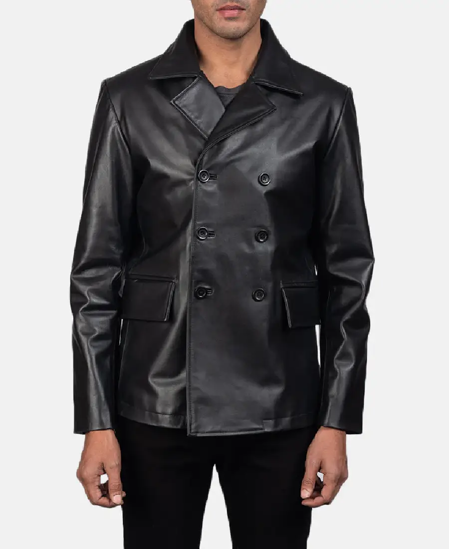 Shop-The-Men-Bailey-Black-Leather-Peacoat.webp Men Bailey Black Leather Peacoat - Image 1