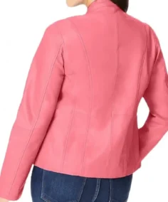 Women's Front Pink Zip Leather Jacket Back