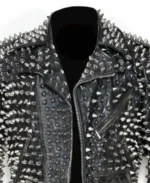 Men's Punk Studded Black Leather Jacket Close