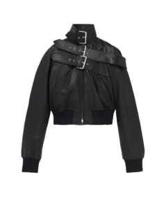 Women's Black Belt Detail Leather Jacket