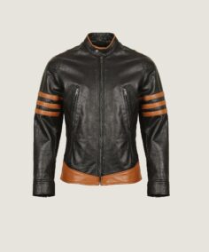Men Orange Stripe Cafe Racer Leather Jacket - Trendy Leather Jackets