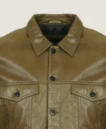 Men Classic Olive Shirt Style Leather Jacket - Image 3