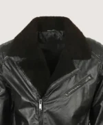 Men Fur Collar Black Leather Biker Jacket - Image 3