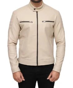 Men’s Beige Motorcycle Real Leather Jacket
