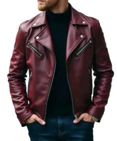 Men's Burgundy Cowhide Leather Moto Jacket