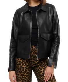 Women Simple Plain Black Leather Shirt Jacket