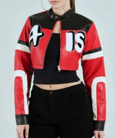Women's ACE Cropped Graphic Moto Leather Jacket