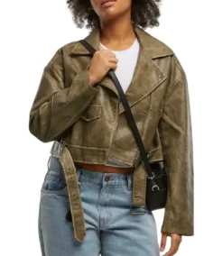 Women’s Share Olive Green Cropped Leather Biker Jacket