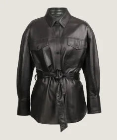 Women's Shirt Style Belted Leather Jacket
