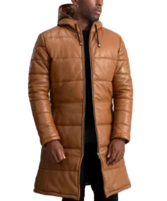Men's Brown Hooded Leather Puffer Coat