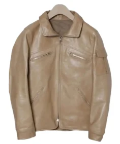 Men's Beige Bomber Leather Jacket