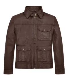 Men's Belted Collar Dark Brown Leather Jacket
