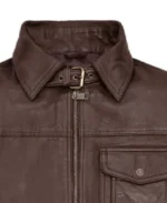 Men's Belted Collar Dark Brown Leather Jacket Collar