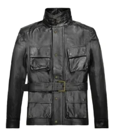 Men's Belted Solid Black Leather Jacket