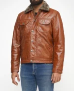 Men's Brown Fur Collar Leather Jacket - Image 3