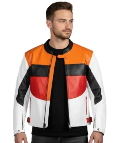 Men’s Retro Colorblock Biker Leather Jacket Front - Trendy Leather Jackets