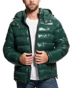 Men's Shiny Hooded Puffer Jacket - Trendy Leather Jackets