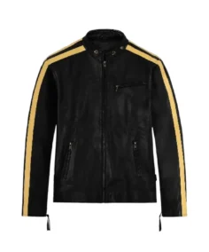 Men's Yellow Stripes Black Leather Jacket