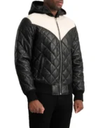 Men's Black Hooded Puffer Leather Jacket - Image 4