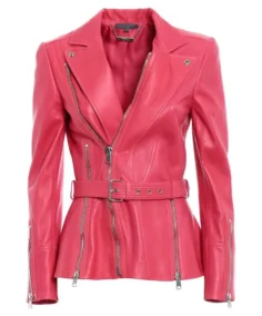 Women's Pink Belted Biker Lether Jacket