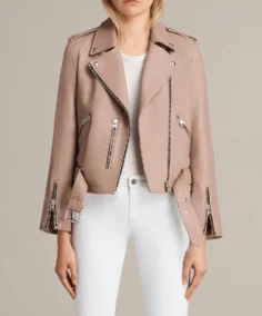Women's Beige Leather Biker Jacket